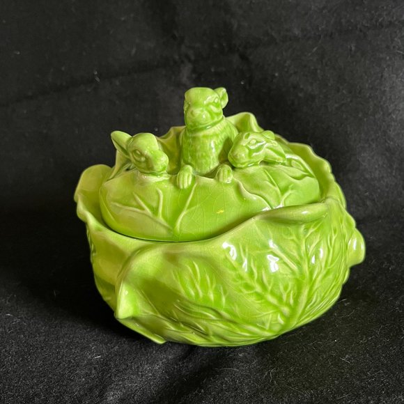 Vintage Holland Mold Co Chartreuse (Green)  “Bunnies In The Cabbage” Bowl w/Lid - Picture 8 of 9